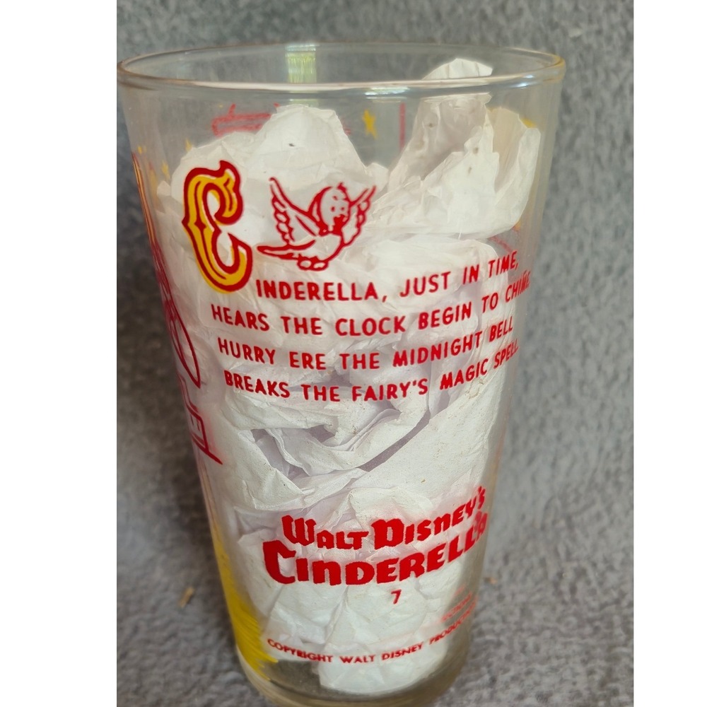 Vintage 1950 Walt Disney Cinderella Glass Tumbler #7 Midnight Clock 4.75 Inch